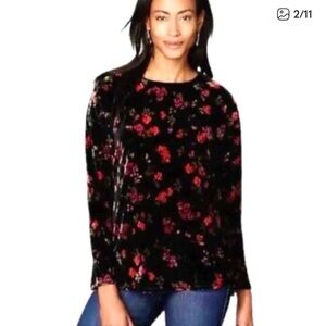 J. Jill‎ Velvet Top Shirt Foral Print Black with Vivid Colors Sz L
